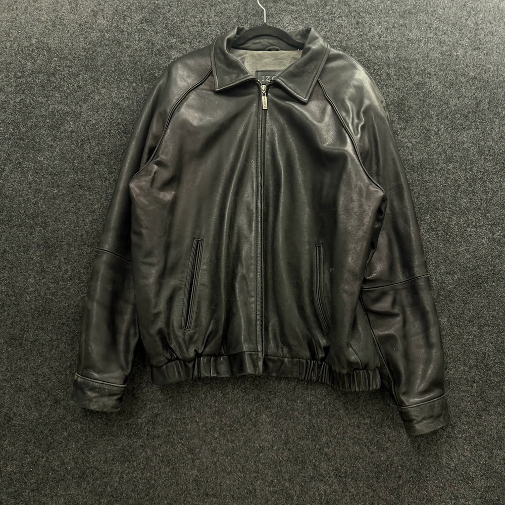 Izod Vintage Mens Black Leather Bomber Jacket XL Full Zip Coat
